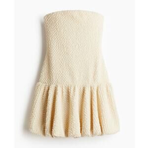 H&M Butter Yellow Fitted Bubble Hem Textured Mesh Strapless Mini Dress Size S